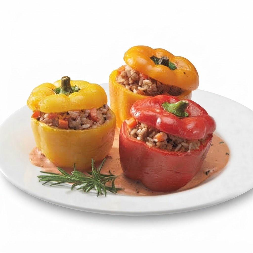 Перец фаршированный мясом и рисом тушёный